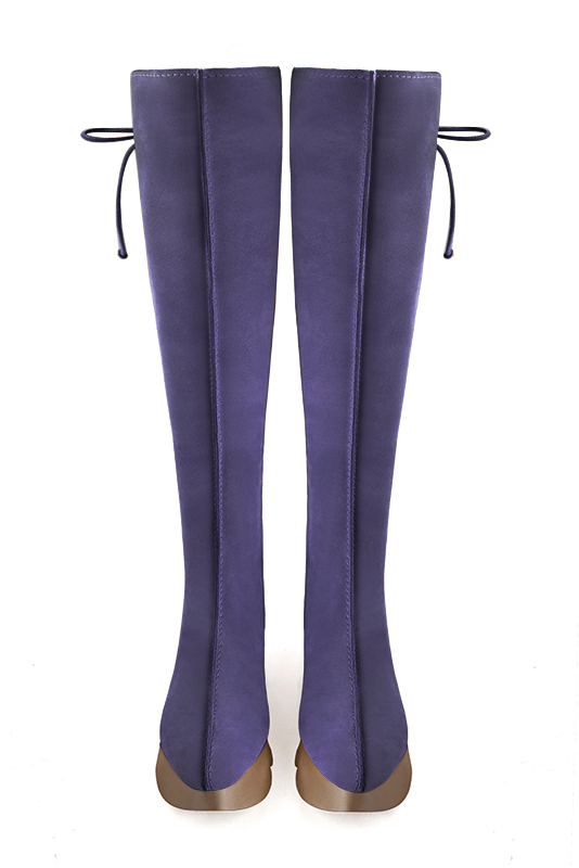 Lavender purple women's knee-high boots, with laces at the back. Round toe. Low rubber soles. Made to measure. Top view - Florence KOOIJMAN